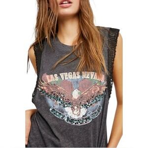 FREE PEOPLE Las Vegas Sequin Crochet Eagle Sundown Slouchy Muscle Tee Shirt XS